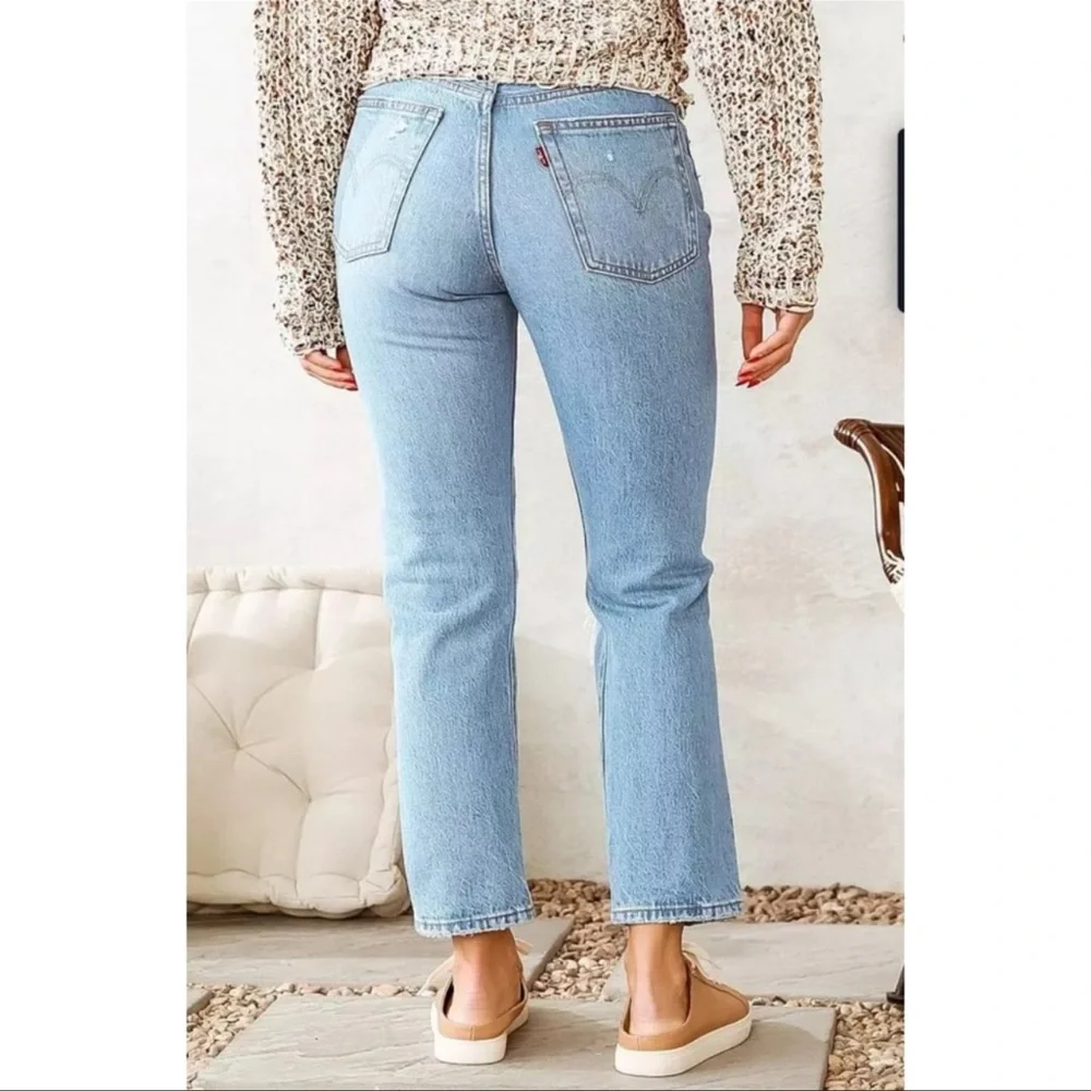 Levi's High Rise Light Blue Distressed Straight Jeans